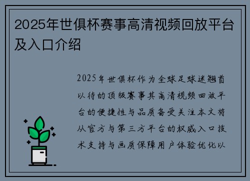 2025年世俱杯赛事高清视频回放平台及入口介绍